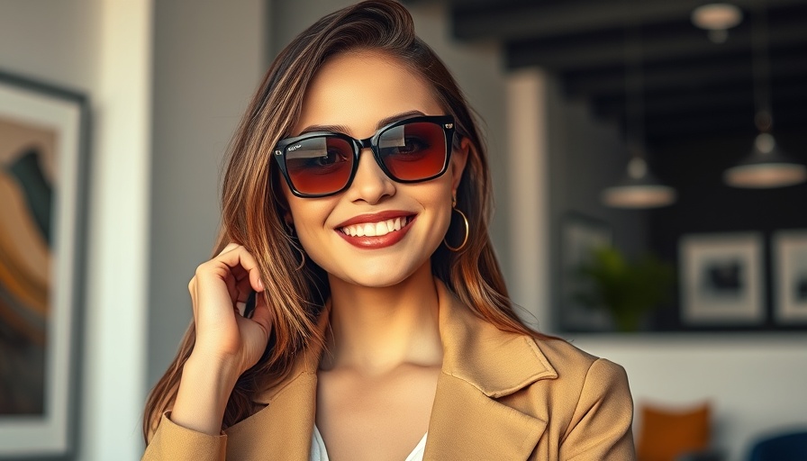 Chic woman in sunglasses with confident smile in stylish indoor setting.