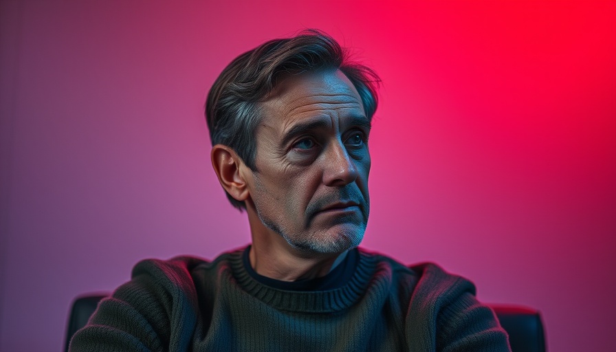 Middle-aged man with thoughtful expression in studio, dim lighting.