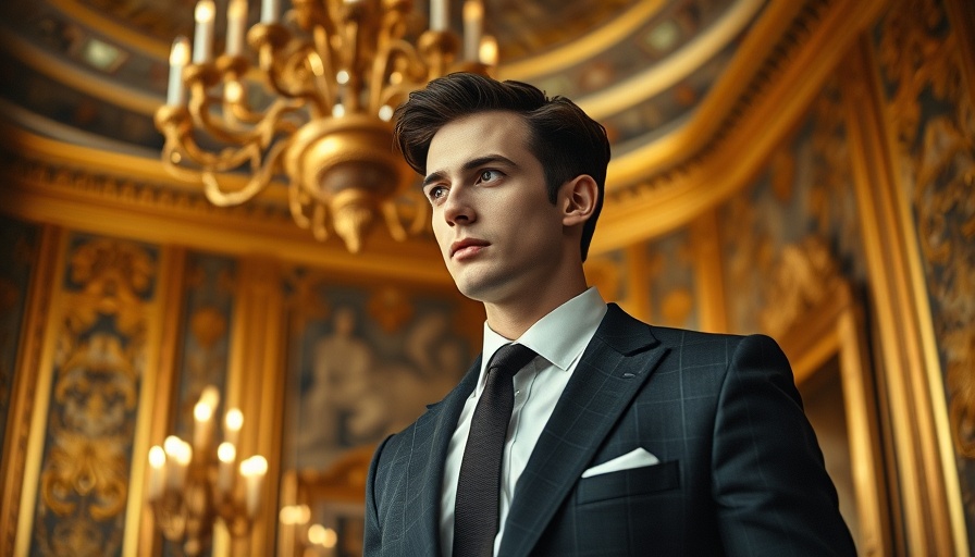 Focused young man in a suit with ornate background, celebrity news.