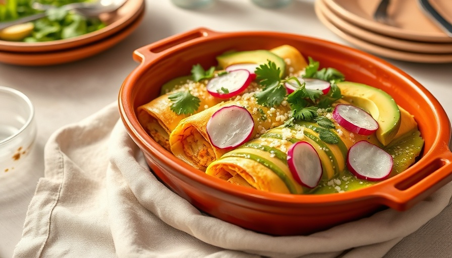 Appetizing enchiladas verdes recipe with avocado and radishes.