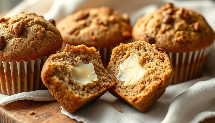 Freshly baked healthy bran muffins with melting butter.