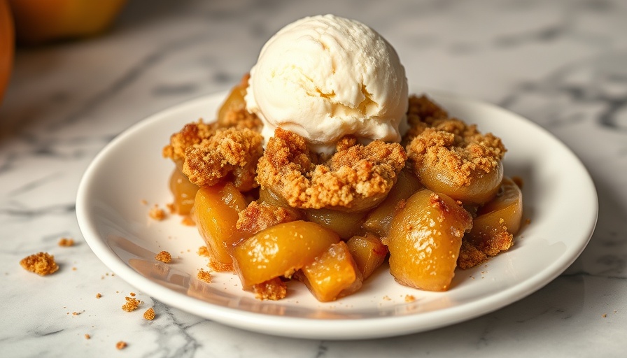 Healthy apple crisp recipe with ice cream topping on white plate.