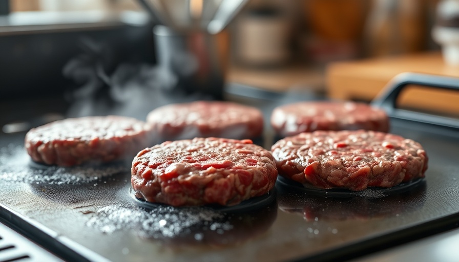 Grassfed beef identification: Raw patties on griddle steaming.
