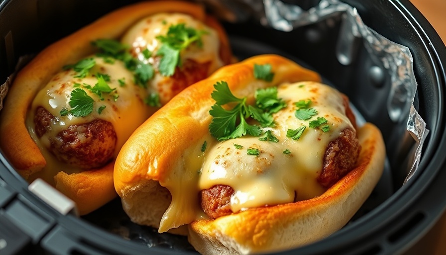 Cheesy air fryer meatball subs with parsley in black basket.