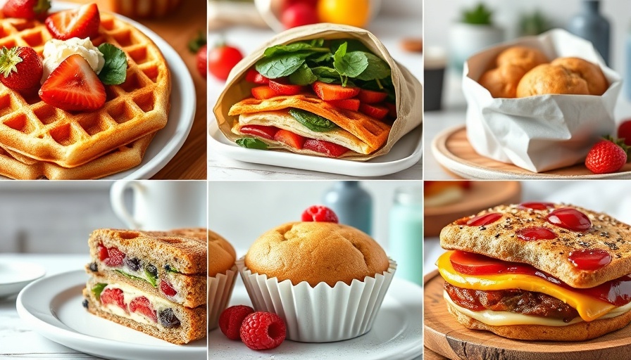 Healthy make-ahead breakfast recipes collage with waffles and fruit.