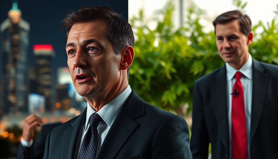 Two men split image, suit and cityscape, outdoor garden scene.