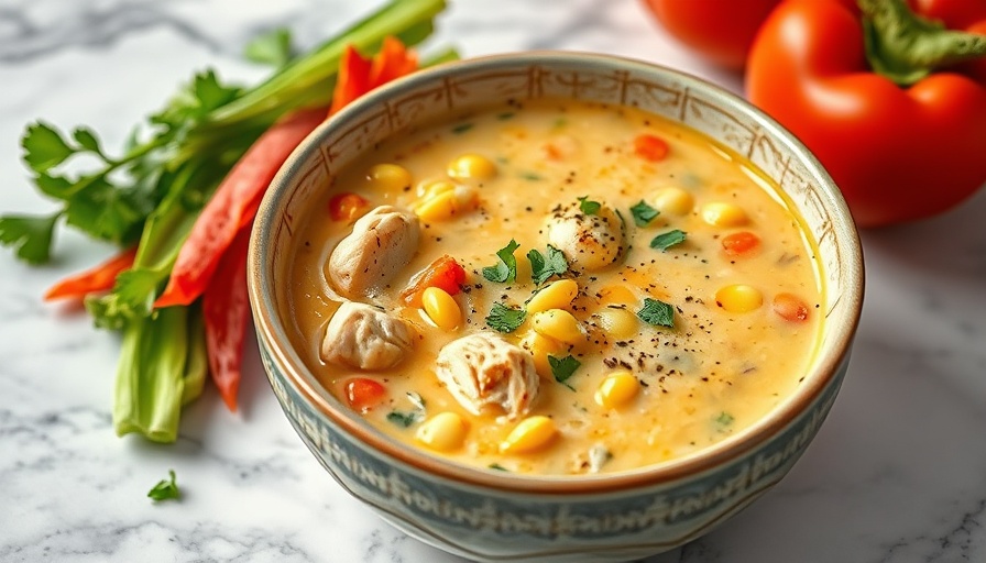Colorful healthy chicken corn chowder with fresh chives.