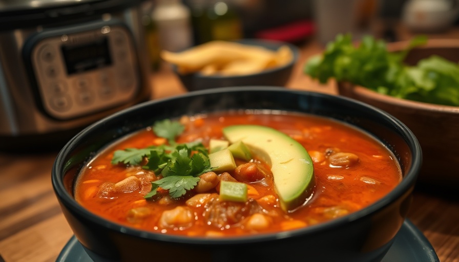 Rich Instant Pot Pozole Rojo with avocado garnish.