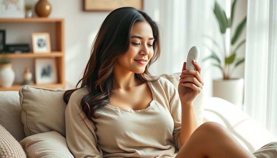 Confident woman with self-intimacy wellness tool in cozy home setting.