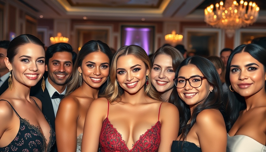 Celebrity gossip event with elegant people posing and smiling.