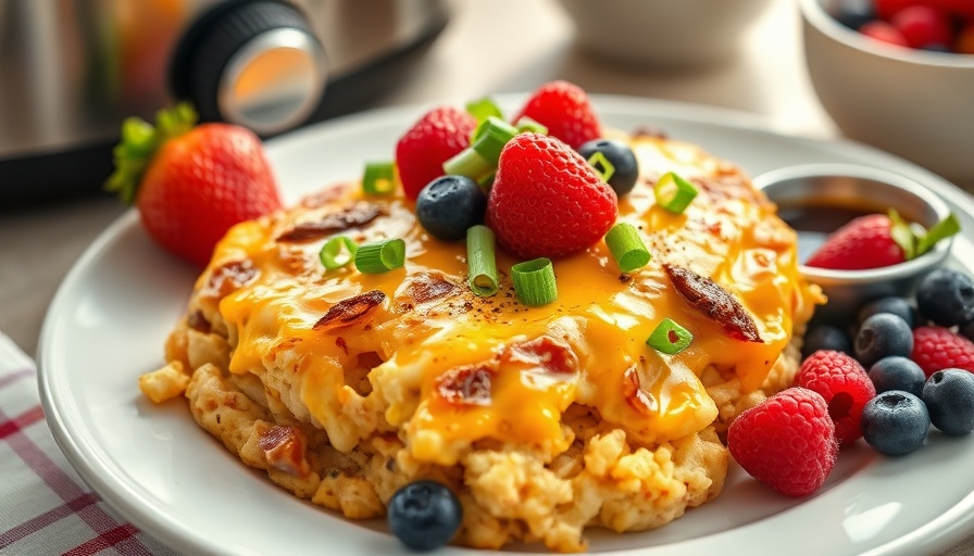 Crockpot Overnight Breakfast Casserole with fresh berries on a plate.