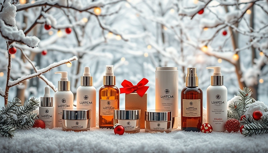 Holiday gift guide skincare in winter-themed display with products and snowy trees.
