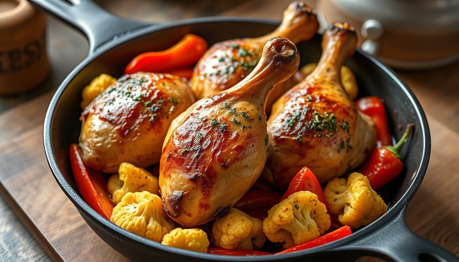 Low Carb Chicken Scarpariello in a skillet with cauliflower and peppers.