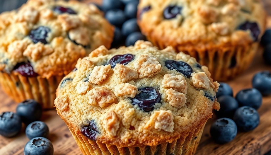Close-up of bakery-style blueberry muffins with crumbly topping.