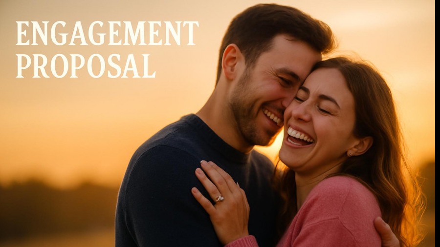 Joyful couple embracing during an engagement proposal at sunset, capturing unique proposal stories.