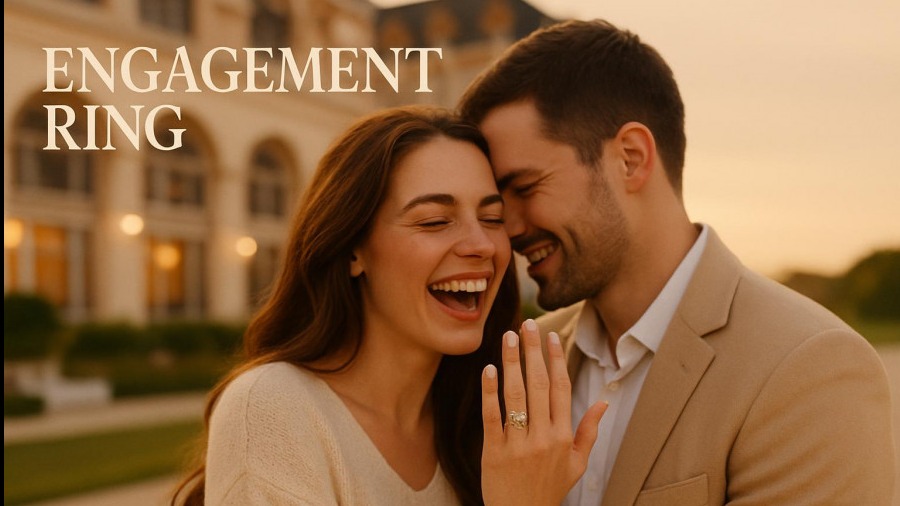 Joyful couple celebrating engagement with personalized engagement rings in a luxury setting.