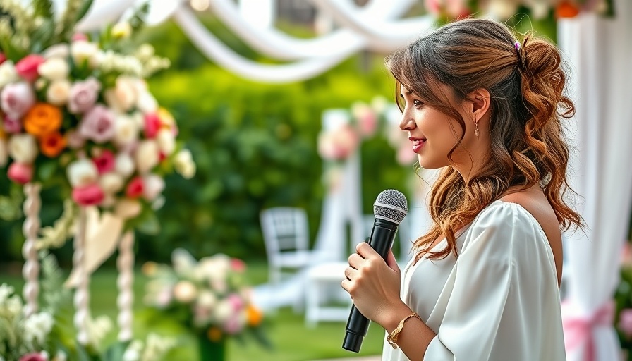 Planning wedding ceremony discussion in garden setting.
