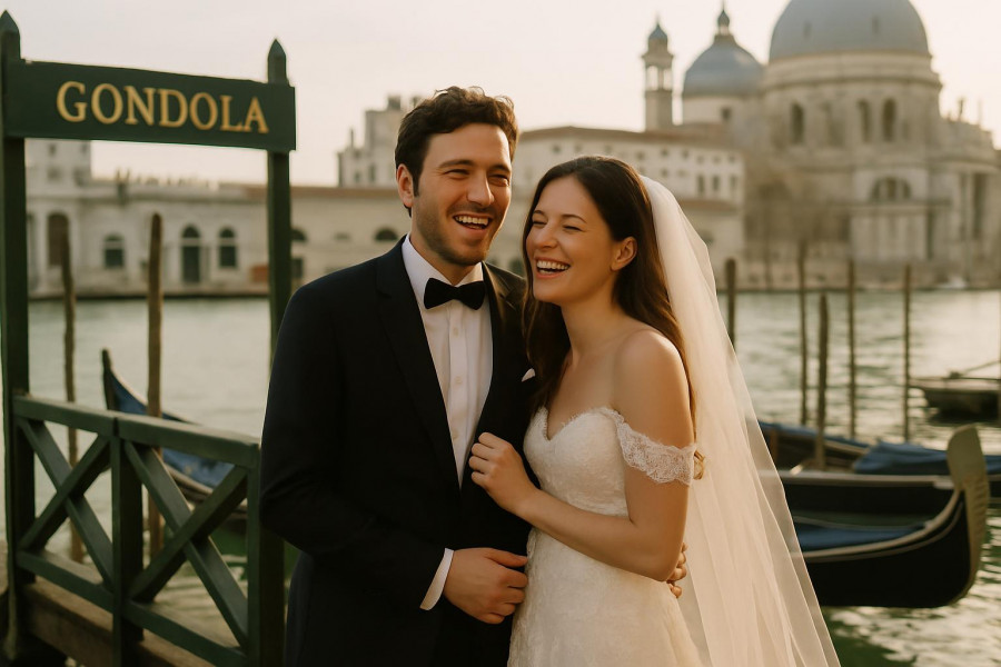 Venice elopement couple at gondola station, black and white photo.