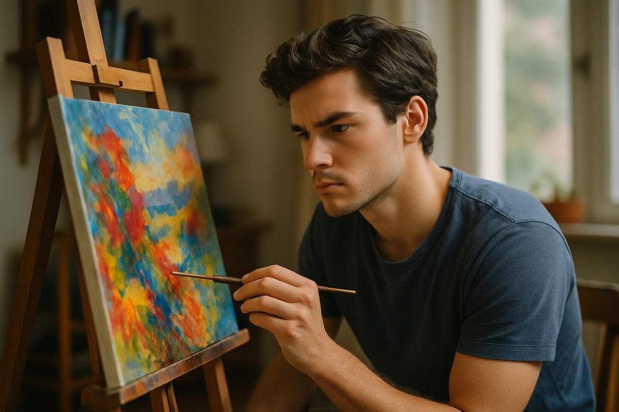 Artist focused on painting a botanical artwork on canvas in natural light.