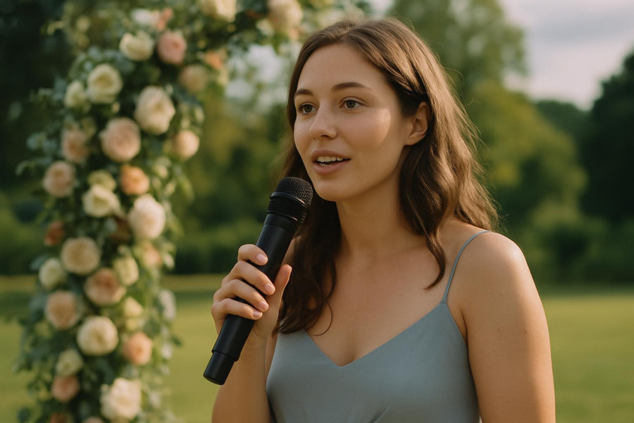 Bilingual wedding ceremony with a woman speaking, floral arch background.