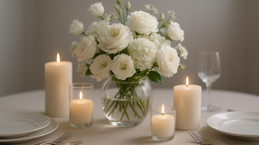 Elegant wedding table decor with flowers and candles
