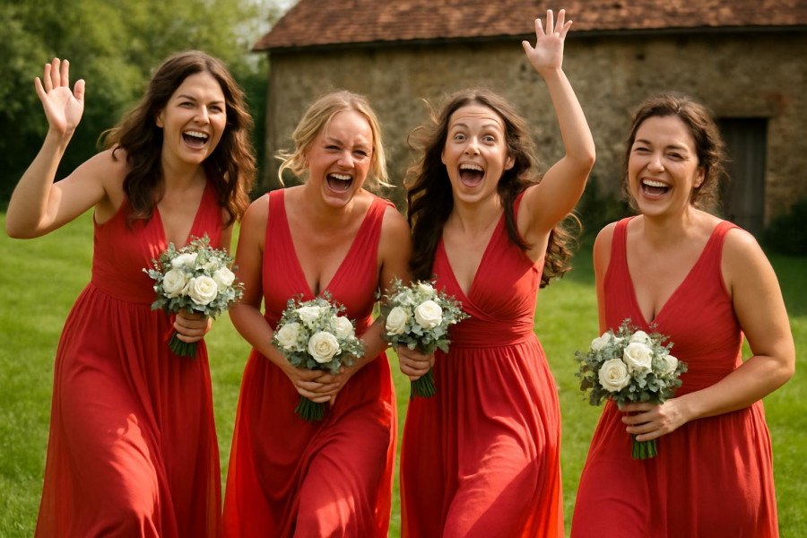 Bridesmaids sharing joyful moments outdoors, showcasing vibrant wedding celebrations.