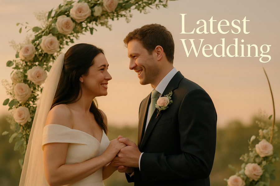 Joyful couple exchanging vows in a garden wedding under a floral arch.