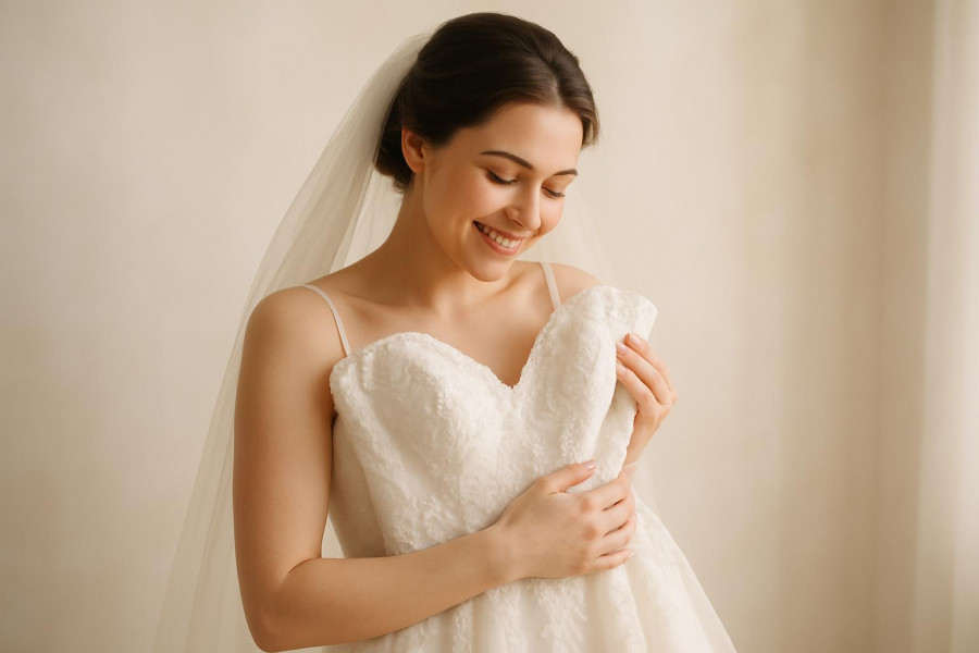 Smiling bride gently cradling her wedding gown, showcasing bridal gown care.