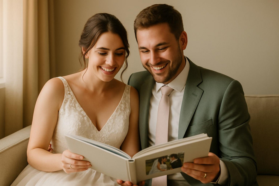 Joyful couple admiring their wedding album, perfect for wedding album design.