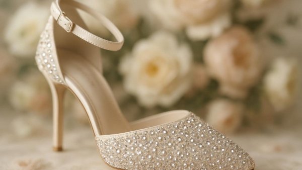 Elegant rhinestone wedding shoe at Marriott Hotel wedding.