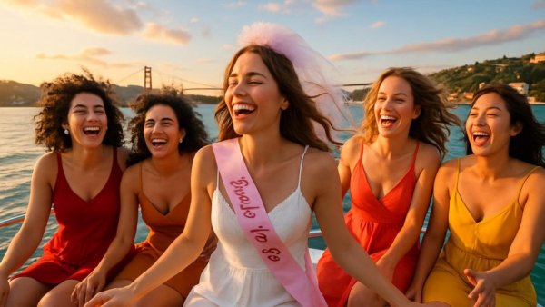 Bosphorus Yacht Bachelorette Party with vibrant friends celebrating.