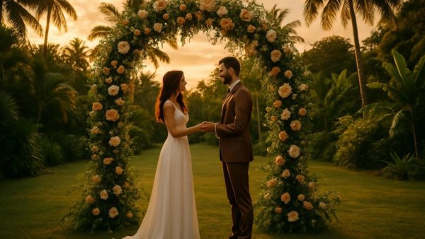 Eco-Friendly Weddings at sunset with floral arch and guests.
