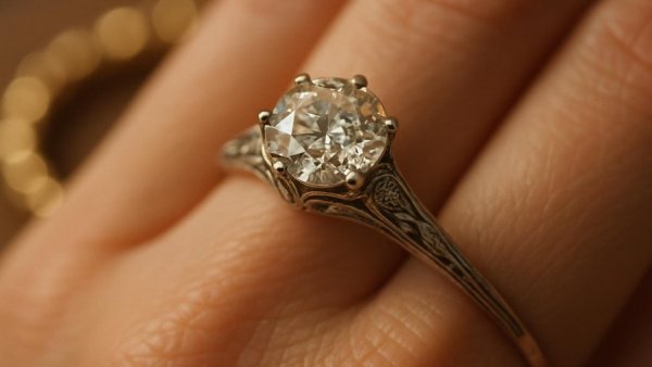 Vintage engagement ring with diamonds on hand, soft-focus background.