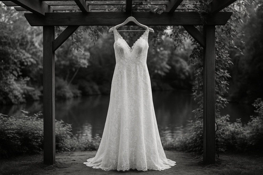 Elegant lace wedding dress under a pergola, perfect for Syracuse wedding venues.