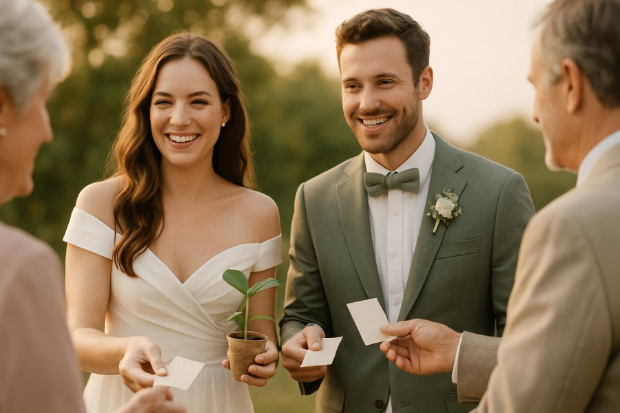 Sustainable wedding gifts: joyful couple offering eco-friendly seed packets to guests.