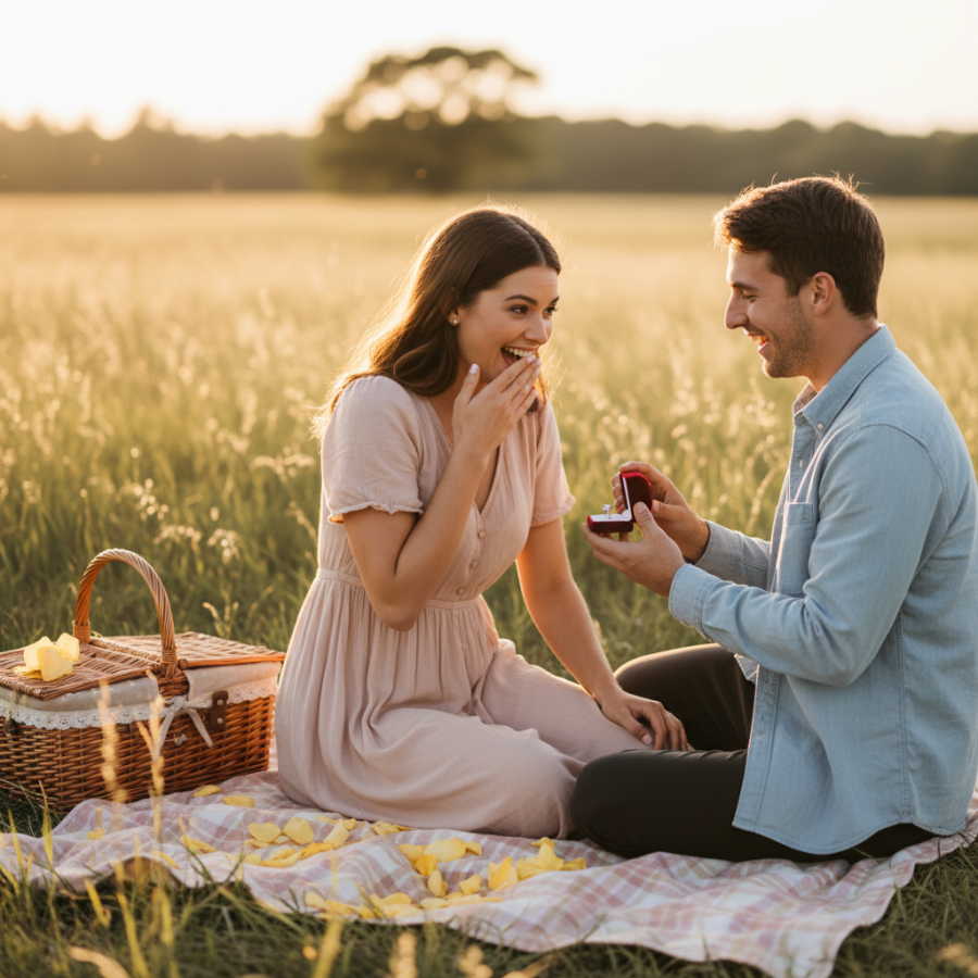 Romantic picnic engagement with a surprised couple at golden hour.