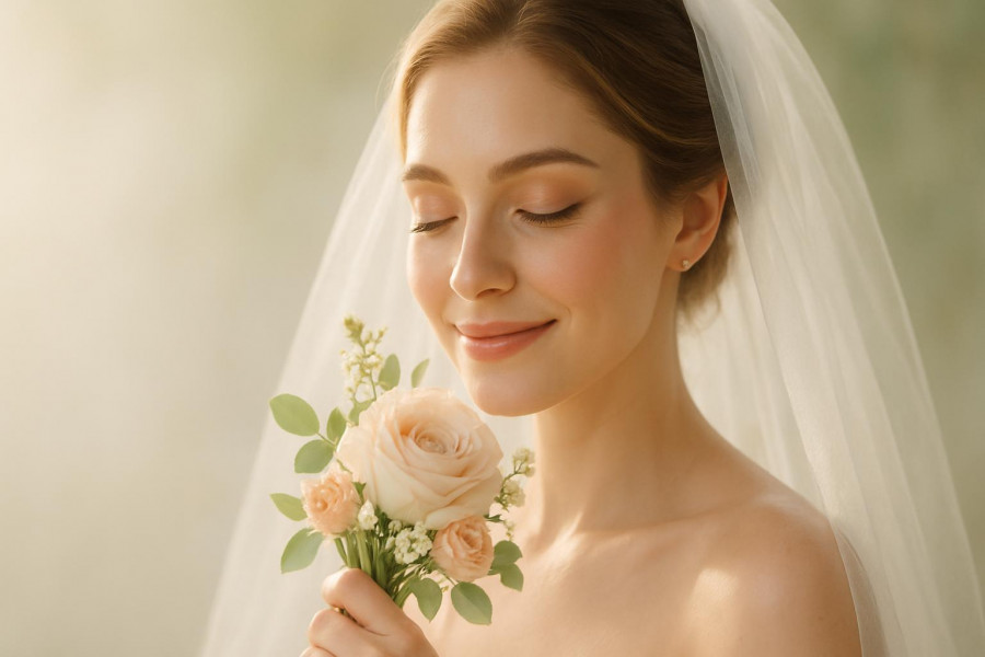 Radiant bride showcasing bridal glow with flawless makeup and soft bouquet in gentle sunlight.