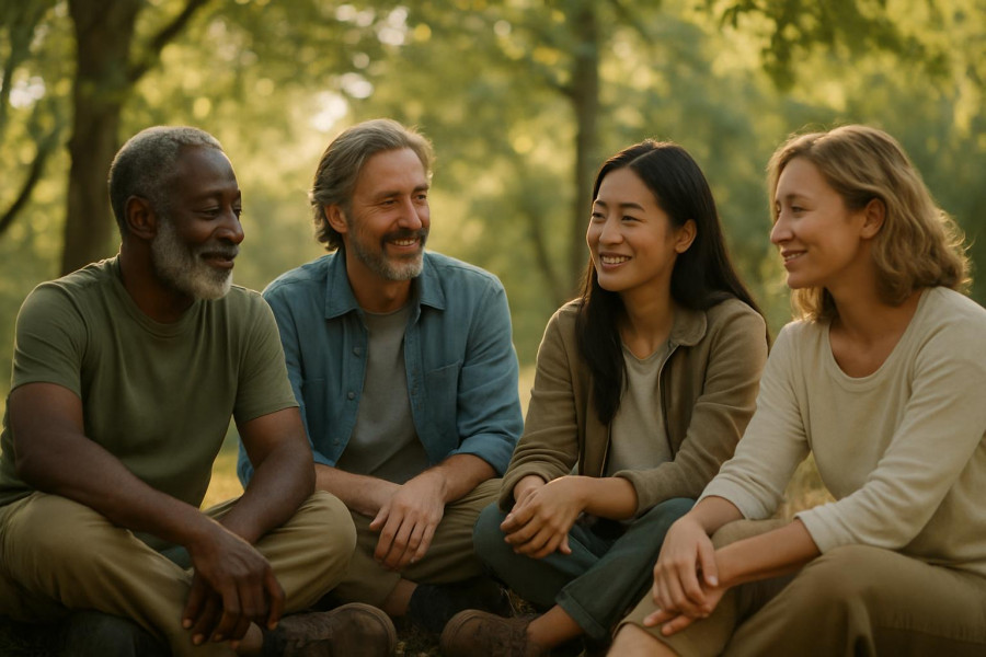 Diverse adults in casual wear share a peaceful moment under leafy trees, radiating warmth.
