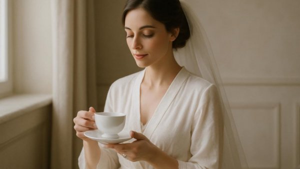 Bridal morning routine: bride in robe enjoying tea, serene ambiance.