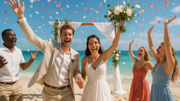 Joyful beach wedding ceremony in Thailand with bride and groom celebrating.