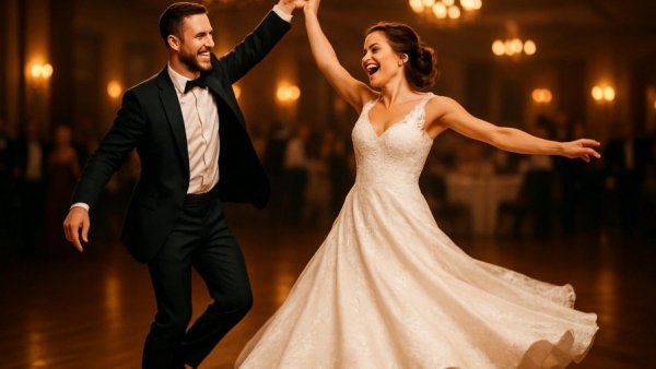 Joyous first dance as a married couple in warmly lit ballroom.