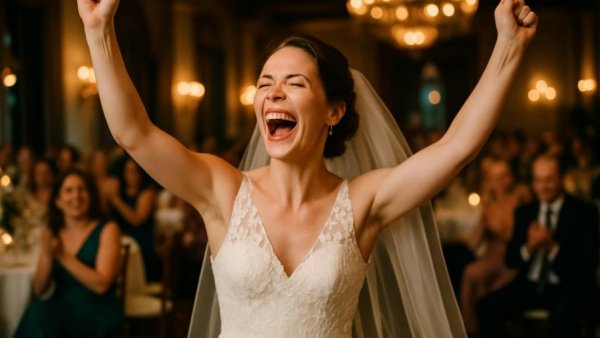 Joyful bride celebrating at a creative wedding reception.