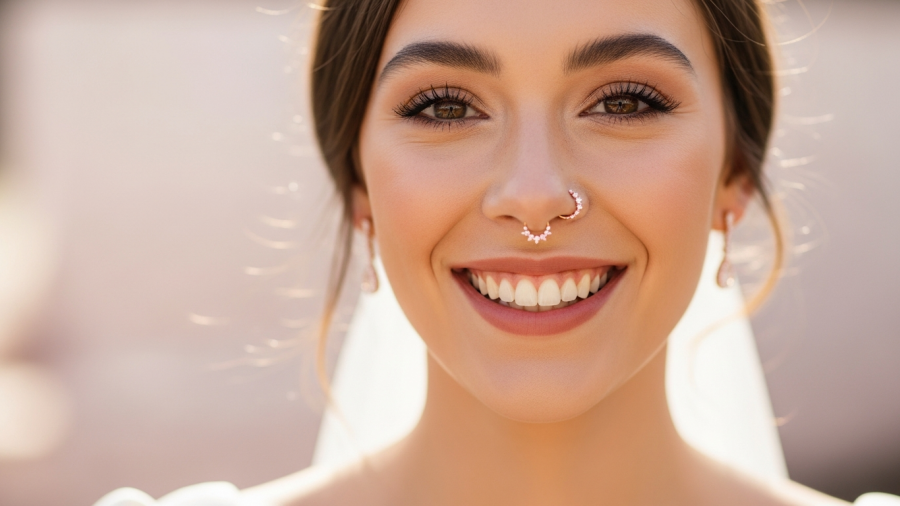 Elegant bride with joyful expression showcasing a dazzling bridal nose ring.