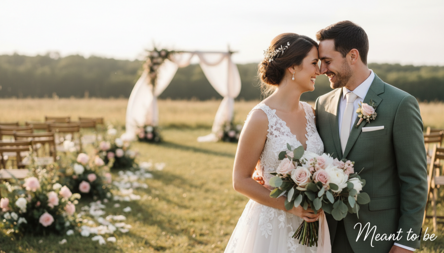 Joyful bride and groom celebrating personalized weddings in golden hour light.