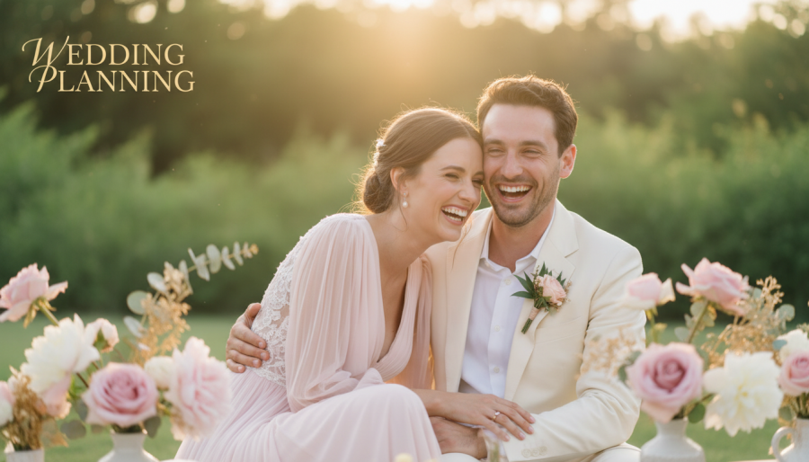 Joyful couple laughing at their wedding, highlighting wedding traditions and planning.