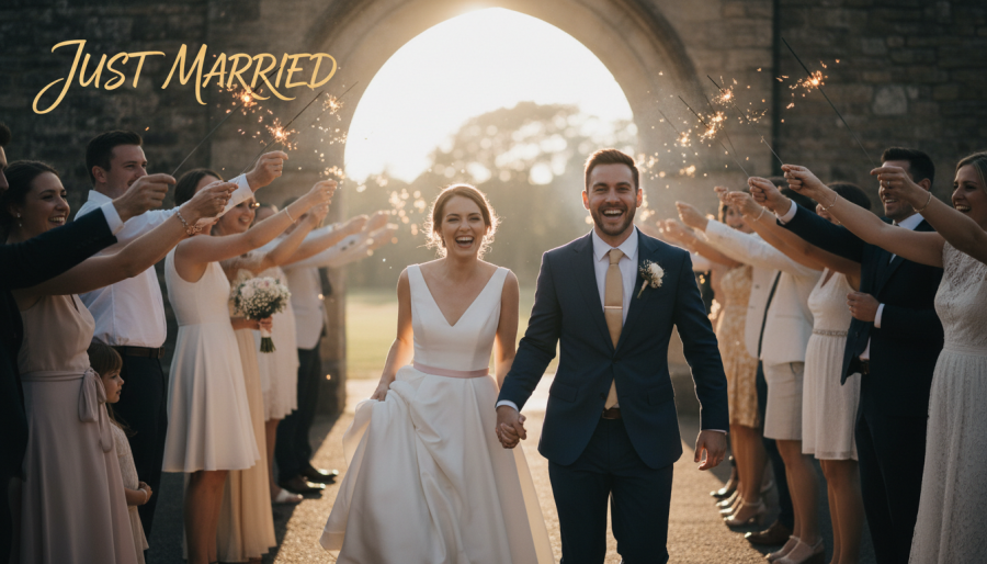 Joyful couple's wedding send-off, running through sparkly tunnel at sunset.