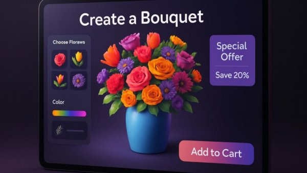 Virtual flower arrangement interface with colorful bouquet for wedding floral arrangements tips 2026.