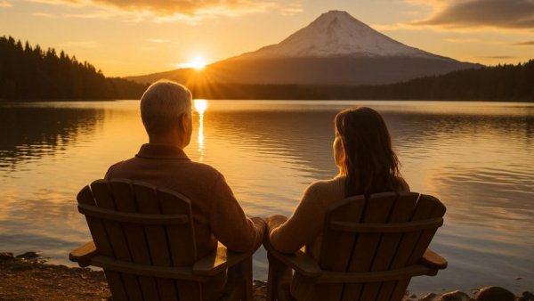 Couple enjoying a serene lake view at sunset, Romantic Honeymoon Destinations for Couples Who Hate Crowds.