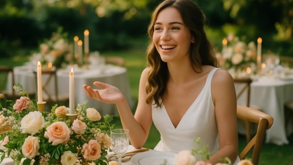 Elegant wedding tablescape with flowers and candles in an outdoor setting.