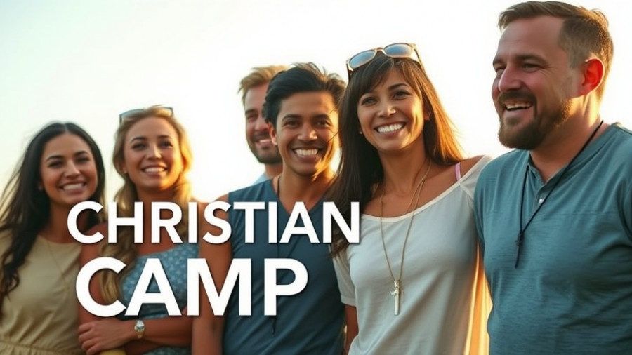 Diverse group of smiling adults embracing in soft morning light during Christian camp.
